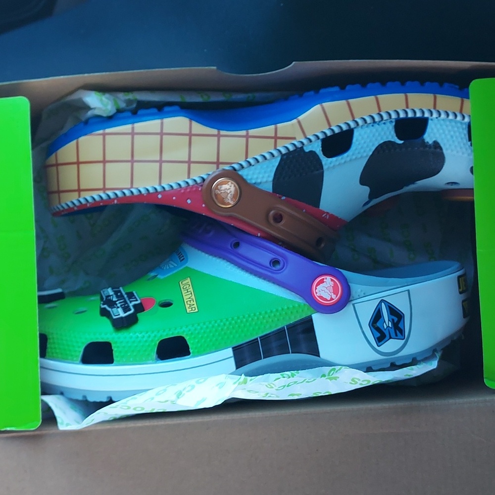 Mismatched toy story crocs
